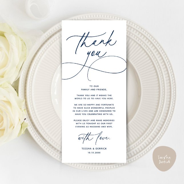 Romantic Modern Wedding Reception Thank You Card (Romantic Modern Wedding Reception Dinner Thank You Card in navy blue)