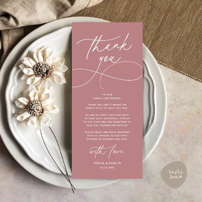Romantic Modern Wedding Reception Thank You Card (Romantic Modern Wedding Reception Dinner Thank You Card in dusty rose pink)