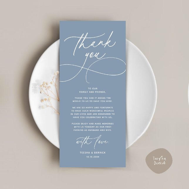 Romantic Modern Wedding Reception Thank You Card (Romantic Modern Wedding Reception Dinner Thank You Card in dusty blue)