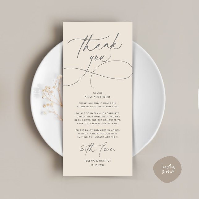Romantic Modern Wedding Reception Thank You Card (Romantic Modern Wedding Reception Dinner Thank You Card in grey cream)