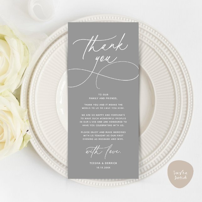 Romantic Modern Wedding Reception Thank You Card (Romantic Modern Wedding Reception Dinner Thank You Card in dark grey)