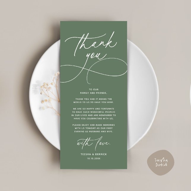 Romantic Modern Wedding Reception Thank You Card (Romantic Modern Wedding Reception Dinner Thank You Card in sage green)