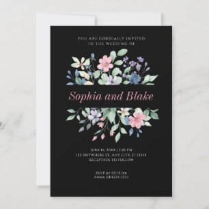 Romantic Modern Wildflowers Black Wedding   Invitation