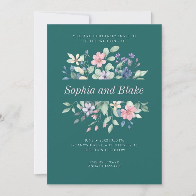 Romantic Modern Wildflowers Jade Green Wedding Invitation (Front)