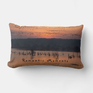 Romantic moments Birds at sunrise photo with text Lumbar Cushion