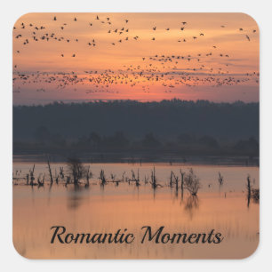Romantic moments Birds at sunrise photo with text Square Sticker