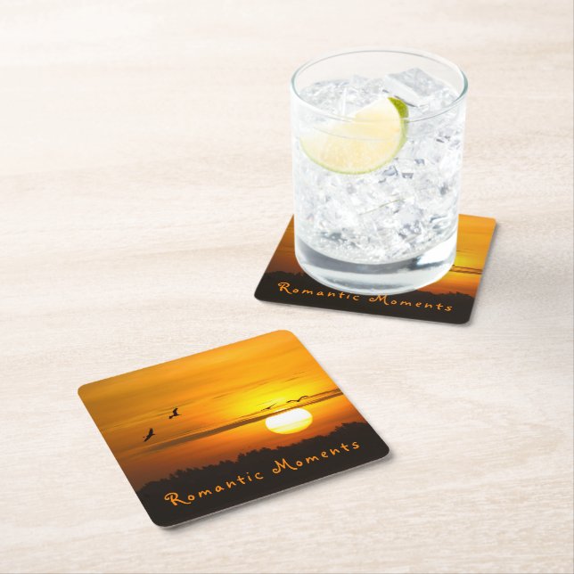 Romantic moments Cranes at sunrise photo with text Square Paper Coaster (Insitu)