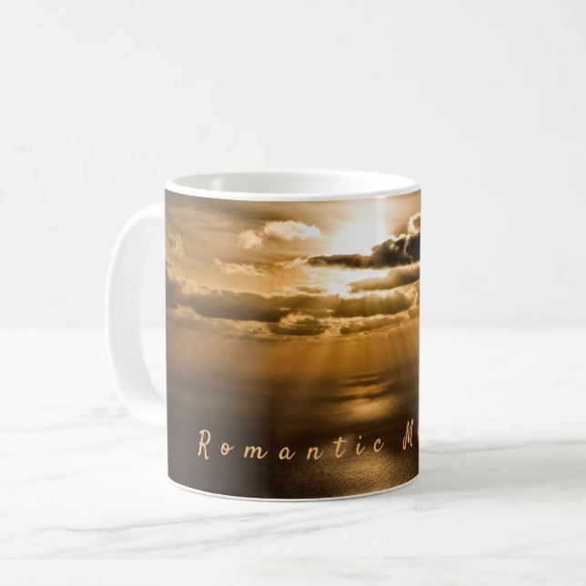 Romantic moments sunset ocean photo with text coffee mug (Front Left)