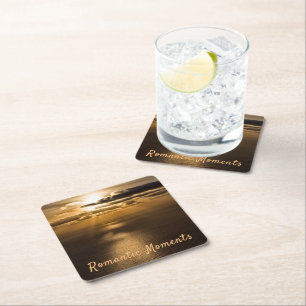 Romantic moments sunset ocean photo with text square paper coaster
