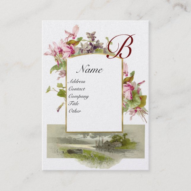ROMANTIC MONOGRAM,Cyclamens pink green white pearl Business Card (Front)