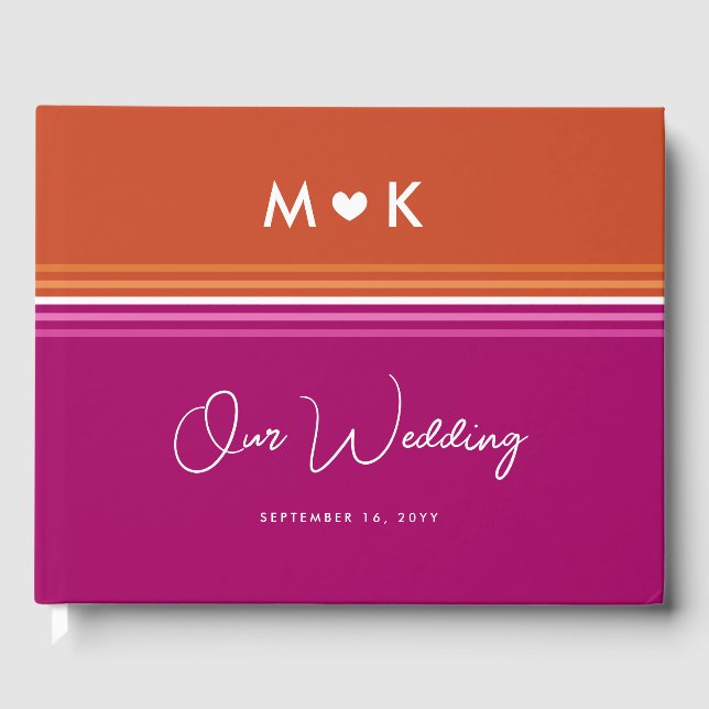 Romantic Monogram Lesbian Flag Stripes Wedding Guest Book (Front)