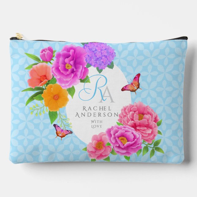 Romantic Monogram Peonies Garden Blue Accessory Pouch (Front)