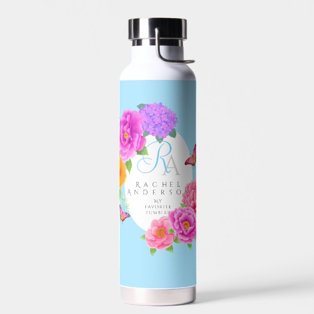 Romantic Monogram Peonies Garden Blue Water Bottle (Left)