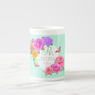 Romantic Monogram Peonies Garden Green Bone China Mug