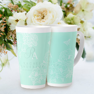 Romantic Monogram Peonies Garden Green Latte Mug