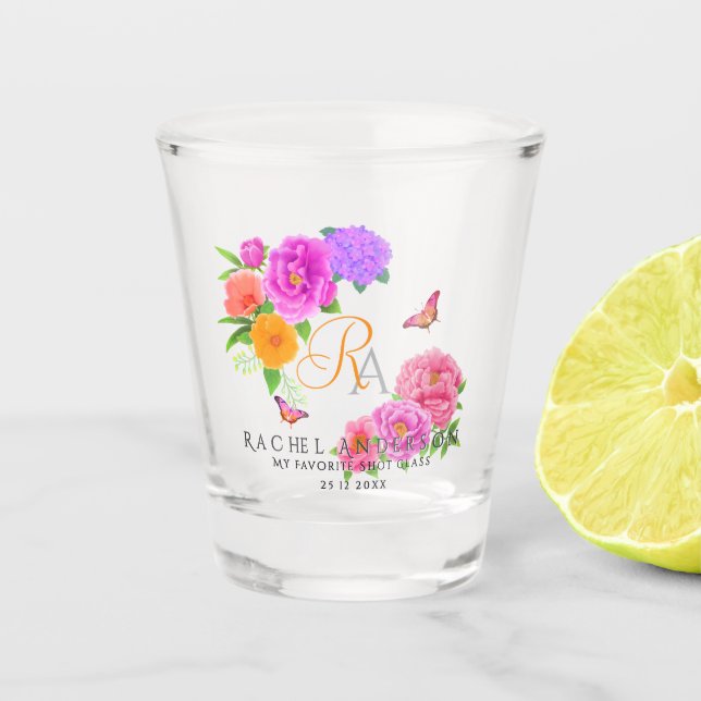 Romantic Monogram Peonies Garden  Shot Glass (Front)