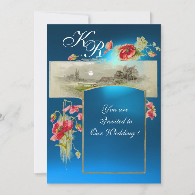 ROMANTİC MONOGRAM /POPPIES,red,green blue sapphire Invitation (Front)