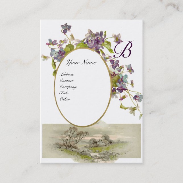 ROMANTIC MONOGRAM,VIOLETS purple green eggshell Business Card (Front)