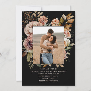 Romantic Moody Black Wedding Floral Photo + QR Invitation