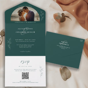 Romantic Moody Emerald Green Wedding Photo All In One Invitation