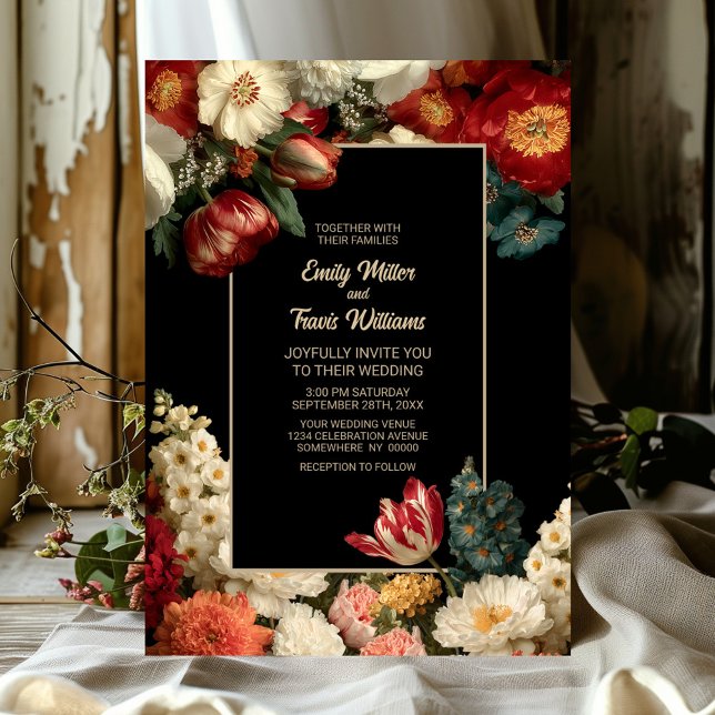Romantic Moody Floral Black Wedding Invitation (Creator Uploaded)