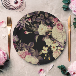 Romantic Moody Floral Wedding Black Paper Plate