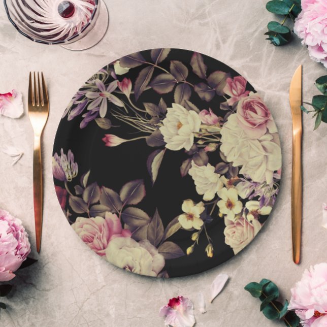 Romantic Moody Floral Wedding Black Paper Plate (This pretty vintage look floral wedding paper plate is perfect for a wedding or special occasion.)