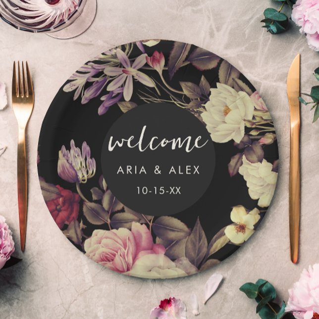 Romantic Moody Floral Wedding Name Date Black Paper Plate (Elegant moody floral wedding paper plate features lovely welcome script and pretty blooms.)