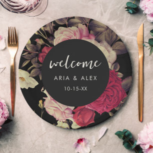 Romantic Moody Floral Wedding Name Date Black Paper Plate