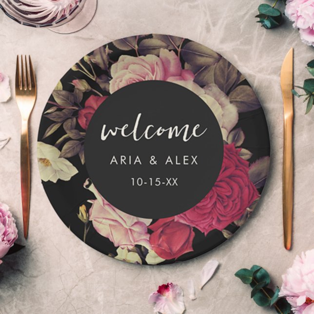 Romantic Moody Floral Wedding Name Date Black Paper Plate (Romantic moody floral wedding welcome paper plate includes pretty script and your wedding date.)