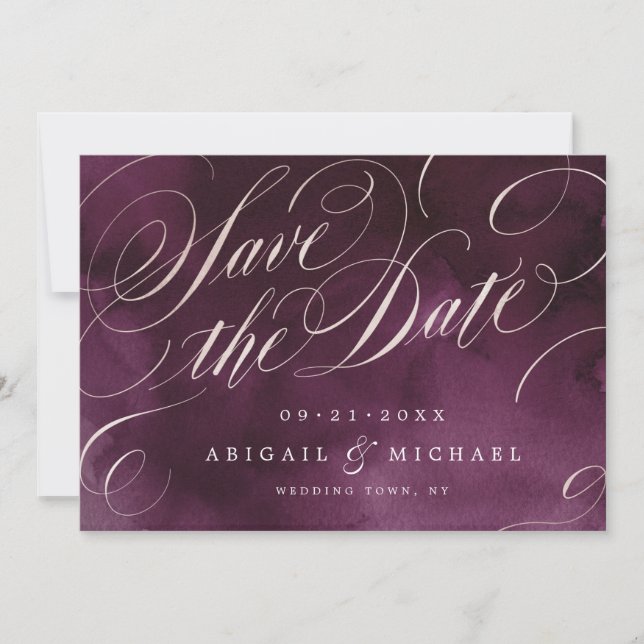 Romantic Moody plum calligraphy save the date (Front)