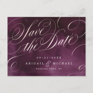 Romantic Moody plum calligraphy save the date Announcement Postcard