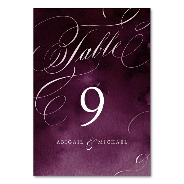 Romantic moody plum calligraphy vintage wedding table number (Front)
