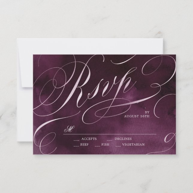 Romantic Moody plum calligraphy wedding RSVP (Front)
