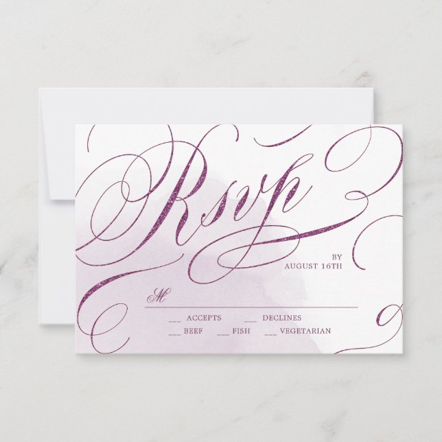 Romantic Moody plum calligraphy wedding RSVP Card (Front)