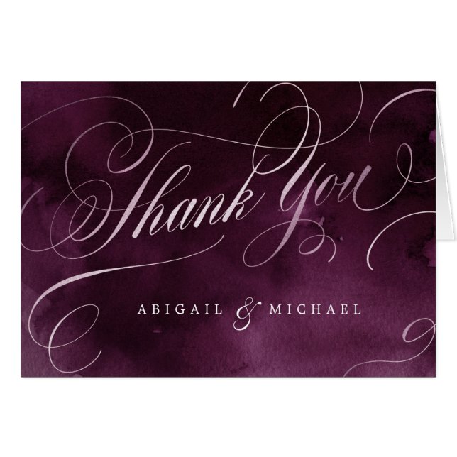 Romantic moody plum wedding calligraphy thank you (Front Horizontal)