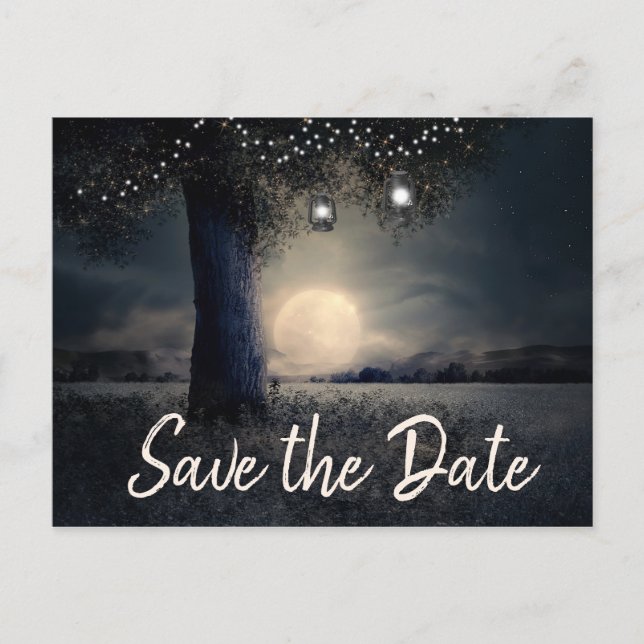 Romantic Moonlight and Lantern Trees Save the Date Postcard (Front)
