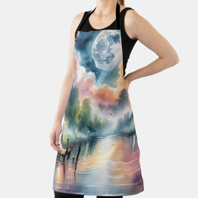 Romantic Moonlight Watercolor Night Scene Apron (Insitu)