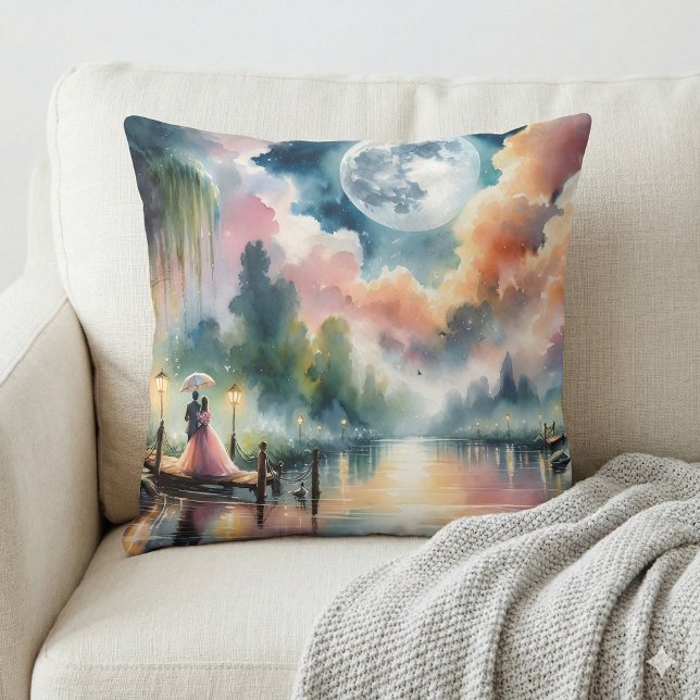 Romantic Moonlight Watercolor Night Scene Cushion (Romantic Moonlight Watercolor Night Scene Throw Pillow Mockup A)