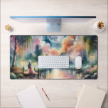 Romantic Moonlight Watercolor Night Scene Desk Mat<br><div class="desc">This enchanting romantic moonlight scene captures a tender moment between a couple beneath an umbrella, set against a dreamy watercolor night landscape. The artwork glows with a soft pastel sky, where swirling clouds reflect in the glassy surface of a moonlit lake. Lantern-lit paths and blossoming flowers create a fantasy garden...</div>