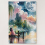 Romantic Moonlight Watercolor Night Scene Jigsaw Puzzle<br><div class="desc">This enchanting romantic moonlight scene captures a tender moment between a couple beneath an umbrella, set against a dreamy watercolor night landscape. The artwork glows with a soft pastel sky, where swirling clouds reflect in the glassy surface of a moonlit lake. Lantern-lit paths and blossoming flowers create a fantasy garden...</div>