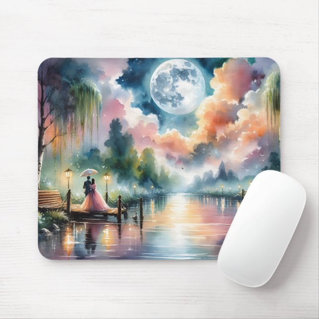 Romantic Moonlight Watercolor Night Scene Mouse Pad (With Mouse)