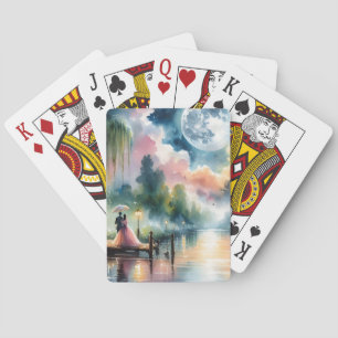 Romantic Moonlight Watercolor Night Scene Playing Cards