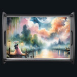 Romantic Moonlight Watercolor Night Scene Serving Tray<br><div class="desc">This enchanting romantic moonlight scene captures a tender moment between a couple beneath an umbrella, set against a dreamy watercolor night landscape. The artwork glows with a soft pastel sky, where swirling clouds reflect in the glassy surface of a moonlit lake. Lantern-lit paths and blossoming flowers create a fantasy garden...</div>
