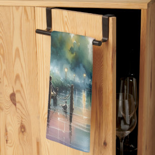 Romantic Moonlight Watercolor Night Scene Tea Towel