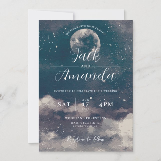 Romantic moonlight Watercolor wedding invitations (Front)