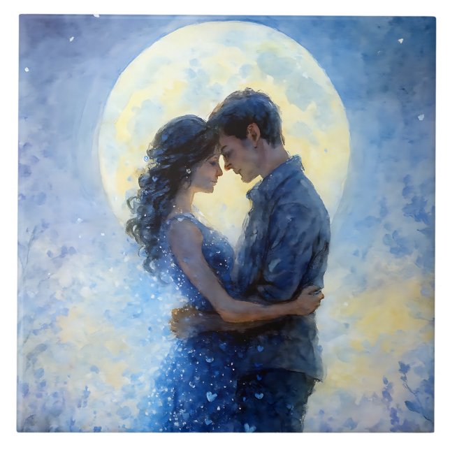 Romantic Moonlit Couple Watercolor Art Dreamy Blue Tile (Front)