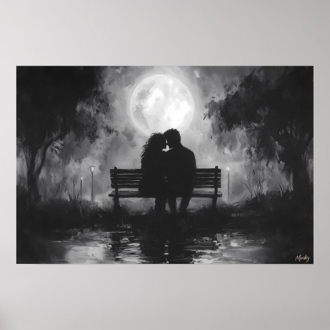 Romantic Moonlit Silhouette on a Park Bench Poster (Front)