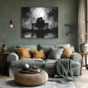 Romantic Moonlit Silhouette on a Park Bench Poster
