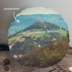 Romantic mountain landscape round cushion
